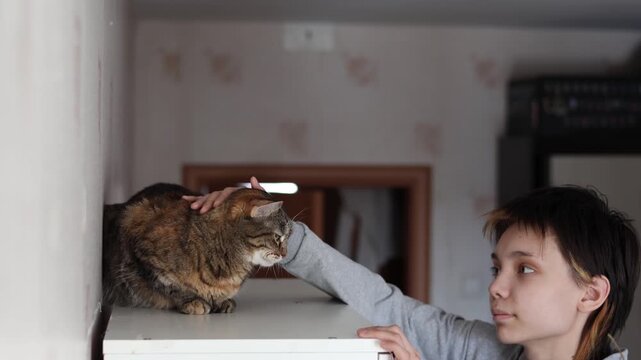 A teenage girl carefully climbs onto a cabinet to reach and pet her cat, sharing a playful and affectionate moment that highlights their close bond and trust.