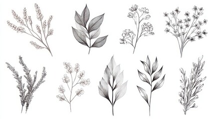 Set of Stylized Leaves and Sprigs in Black and White Isolated on a Plain White Background for Design Elements and Decoration