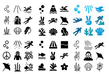 Obraz premium Ocean icons with shell coral swimmer minimal