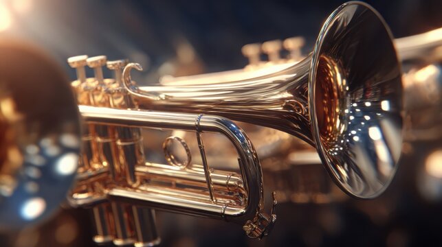 Close-up of Gleaming Polished Brass Trumpet Instruments Showcasing Musical Performance