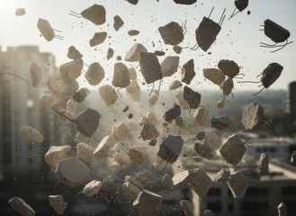 Explosion of concrete fragments and dust suspended mid-air against a bright sunlit cityscape background with buildings in soft focus showing urban destruction and debris