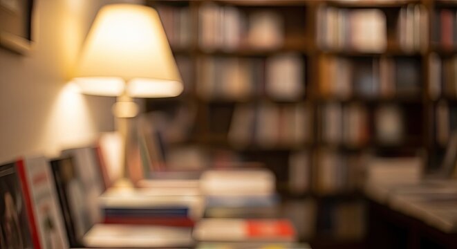 Blurry library interior with lamp books.