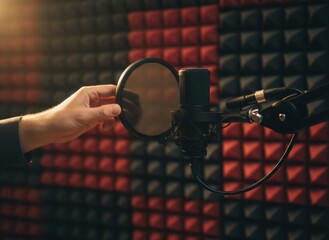 Hand adjusts pop filter on professional microphone in soundproof studio with red and black acoustic foam panels warm spotlight lighting