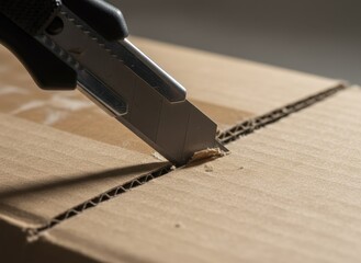 Hand Wearing Black Glove Opening Cardboard Box With Utility Knife Close Up Shot