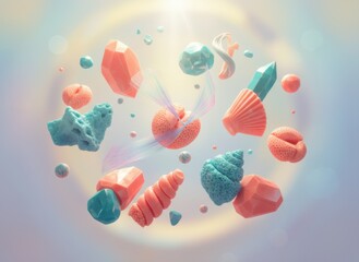 Abstract Digital Art Composition with Floating Coral Shells and Crystals in Soft Pastel Light