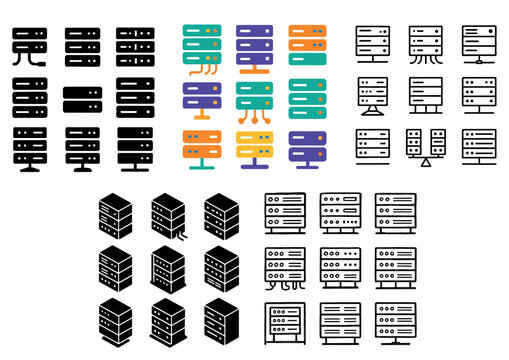 Technology icons with server racks and drives outline