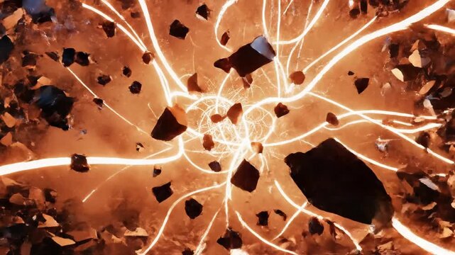 Intense light explosion shattering dark geometric abstract background