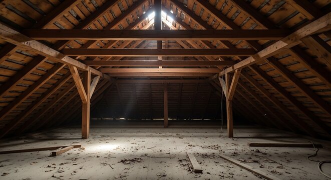 Old attic interior with wooden beams and natural light from a high window