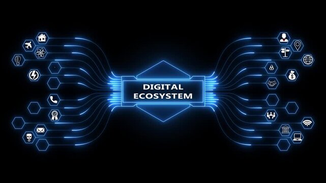 Enterprise integration dashboard powered by Digital Ecosystem interface with secure platform connectivity monitoring and advanced technology system concept 4K animation video