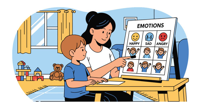 Modern vector illustration of mother teaching child about emotions using feeling chart with happy and angry icons. Emotional intelligence education and parenting guidance concept