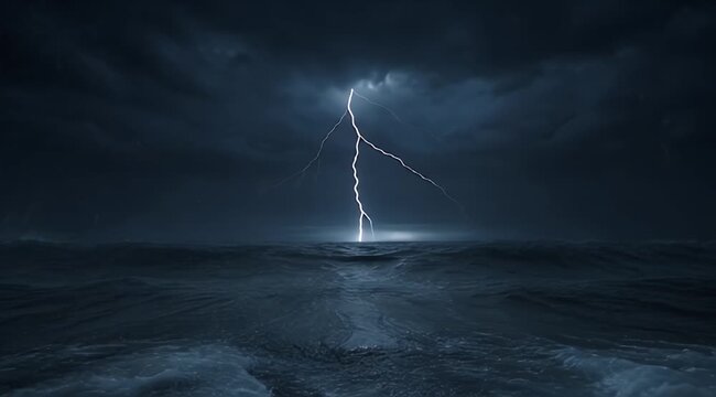 Bright lightning strikes a turbulent ocean under a stormy sky