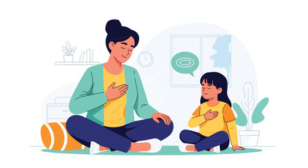 Modern vector illustration of parent teaching breathing exercise to child for anger control. Emotional regulation and mindful parenting concept for healthy development