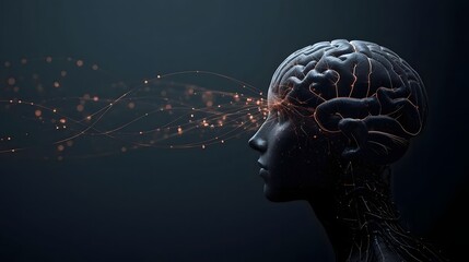 Obraz premium Realistic human brain with subtle holographic AI lines in moody futuristic style.