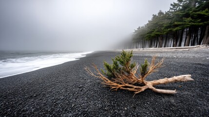 Naklejka premium Driftwood on Rialto Beach in Washington State with fog and waves crashing on the black sand shore