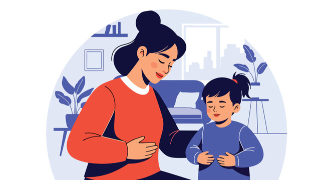 Modern vector illustration of parent teaching breathing exercise to child for anger control. Emotional regulation and mindful parenting concept for healthy development