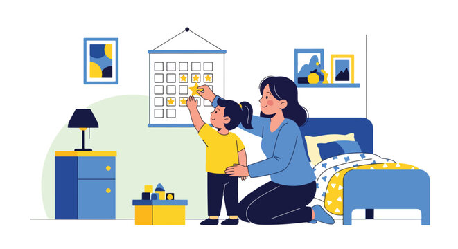Modern vector illustration of mother praising child with reward star chart. Positive reinforcement parenting concept for motivation, confidence and healthy childhood development