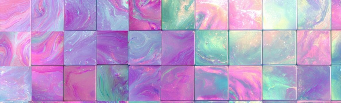 Abstract 3D rendering of tiled blocks with swirling, iridescent textures in pink, purple, and green