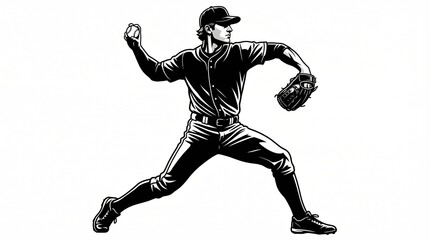 Obraz premium High-contrast black and white vector depiction of a baseball pitcher mid-throw.