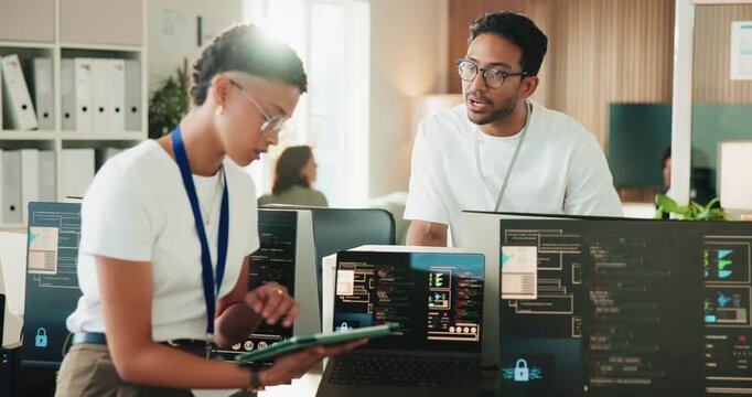 Programming, tablet and people in meeting on tech for coding ai, algorithm and planning ui design. Creative, software and workers talking on pc for framework script, system testing and collaboration