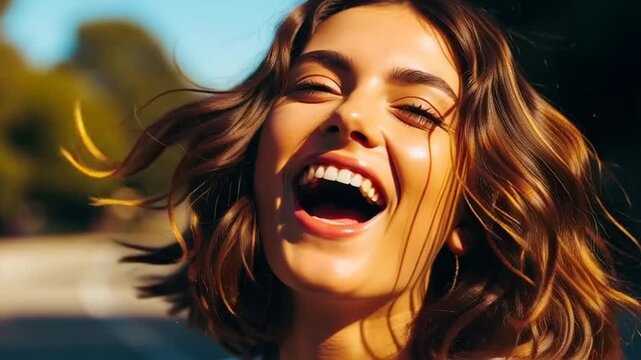 Woman Laughing Outdoors with Wavy Hair.