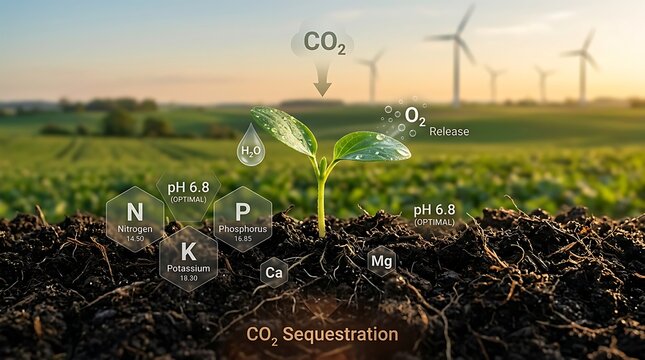 Young Plant Growing in Soil with CO2 Sequestration Labels