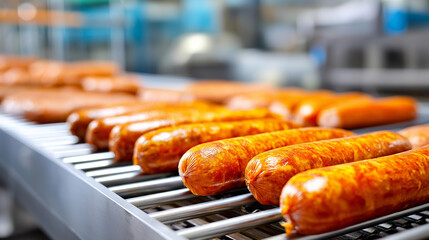 Sausage production meat shop factory, meat products semi-finished products industry close-up, processed meat manufacturing, protein food processing, with copy space
