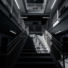 Architectural Perspective Featuring Staircase and Balconies, Black and White, Modern Structure