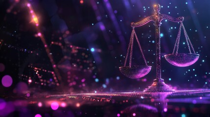 Digital balance scales over binary code representing justice by algorithm .