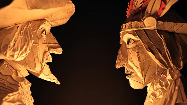 Origami Art Paper Sculptures: Native American Imagery and Colonial Themes in Cultural Representation with Intricate Shadow Play and Visual Narrative