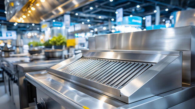 Stainless steel exhaust hood grease trap close-up, large industrial kitchen semi-finished products production, commercial ventilation system, food factory equipment, with copy space