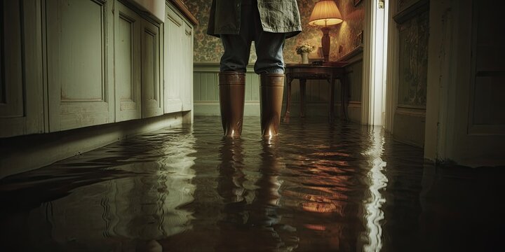 Person wearing boots standing in a flooded room with a lamp in the background