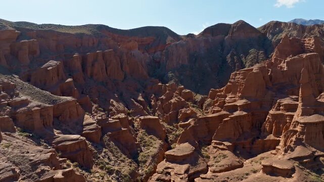 Aerial view of arid mushroom rock Konorchek canyon in Kyrgyzstan at sunny day