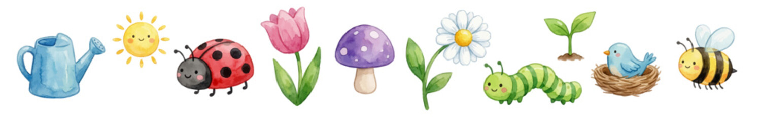 Cute spring clipart. Spring watercolor clipart set. Cute sun, bee, ladybug, mushroom, tulip, bird. Collection of Vector illustrations. Perfect for invitation, card, poster, banner, decoration © maria