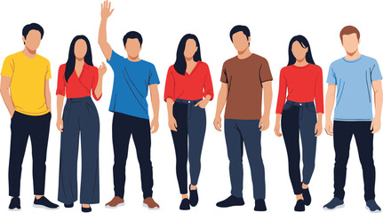 Set of seven diverse people standing in row, flat vector illustration, colorful casual characters, isolated on white background, minimalist design,