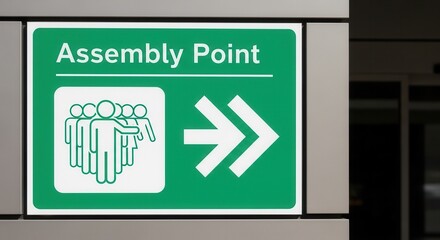 Fototapeta premium Assembly Point Sign Indicating Directional Guidance for Gathering and Grouping