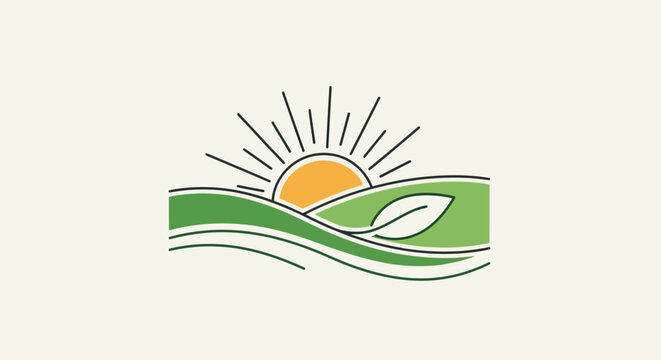 Green landscape with sunrise and leaf symbol representing renewable energy and sustainable future, eco friendly environment concept illustration, natural harmony and green development design, clean ea