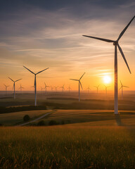 Obraz premium Scenic Landscape of Wind Turbine Farm at Sunset with Golden Light