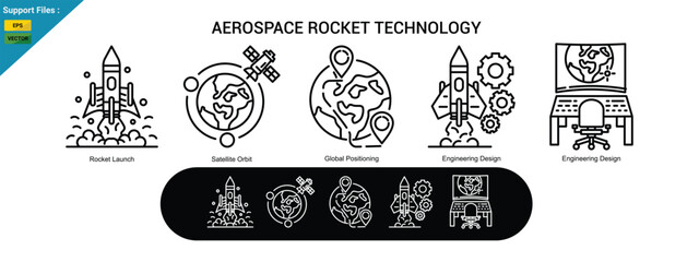 aerospace rocket technology  icons including rocket launch, satellite orbit, global positioning, engineering design, and ground control system. outline icon set © tru3_Art