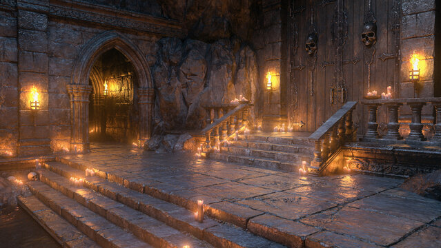 Candlelit stone teps leading to a large wooden door decorated with black metal skulls in a medieval castle. Dark moody 3D rendered illustration.