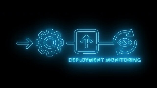 Neon-lit illustration of deployment monitoring process with gear, upward arrow, and eye icons on a black background.