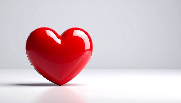 A vibrant, glossy, three-dimensional red heart rests on a white surface with a soft shadow and a gradient white backdrop