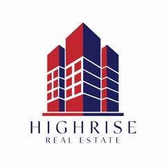 Red and blue highrise building with Highrise Real Estate text