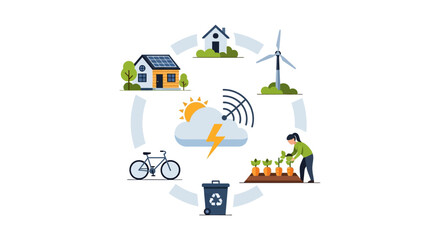 Fototapeta premium Smart Sustainable Living Ecosystem: Integrating Renewable Energy, Eco-Friendly Practices & Digital Connectivity for a Greener Future