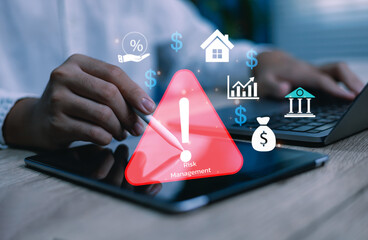 Fototapeta premium Financial risk management concept with business professional analyzing investment data, banking icons, market volatility, asset protection, compliance strategy economic real estate on digital tablet