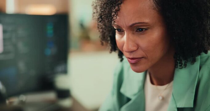Computer, coding and business woman in office with research for website development project. Technology, reading and mature female coder with programming for software update at startup agency.