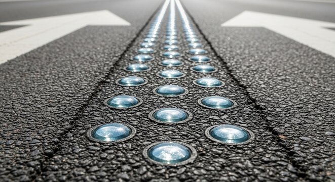 Close-up View of Road Surface With Reflective Road Studs and Directional Arrows