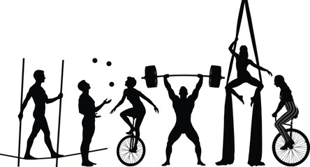Black Silhouettes of Circus Performers and Athletes Evolution Set with Tightrope Walker Juggler Unicyclist  © MstHanufa