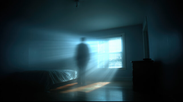 Ghosts, shadow people, unknown beings in the bedroom. Sleep deprivation, psychosis concept