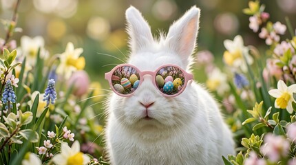 White rabbit with pink sunglasses in spring