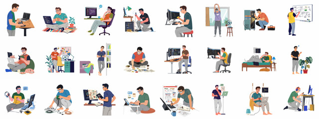 Obraz premium Diverse scenes of a tech professional's daily life: coding, design, IT support, and creative problem-solving in various modern work environments and relaxed settings.